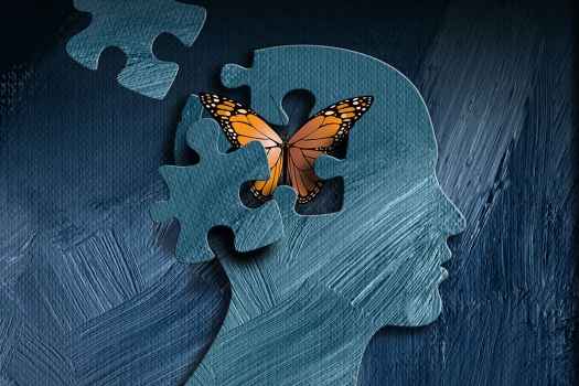 Graphic of a head with a puzzle piece missing and a butterfly flying out