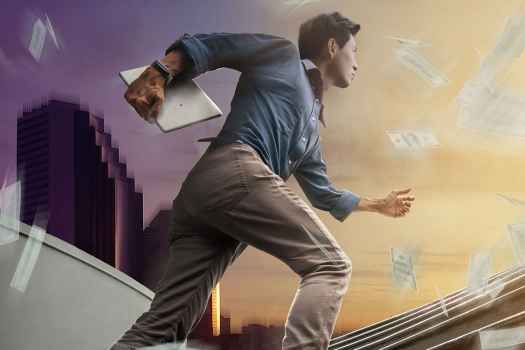 Figure walks up stairs with papers swirling around