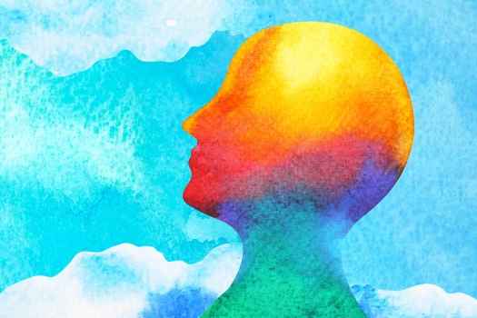 Graphic of a multicolor head on a cloud background, watercolor vibe