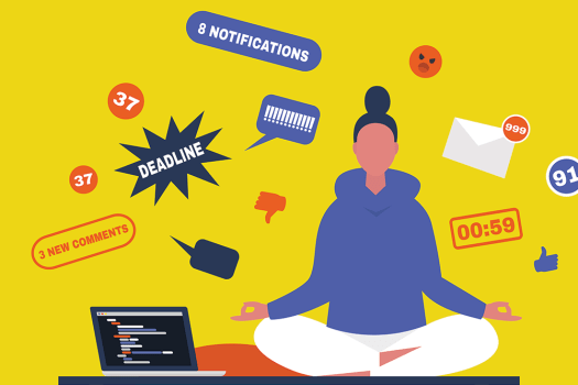 Illustration of figure and icons of work and social media floating around, yellow background