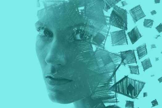 Illustration of a profile composed of scribbled squares on a teal background