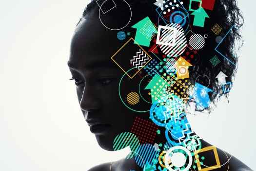 Young woman’s head with graphics of shapes swirling