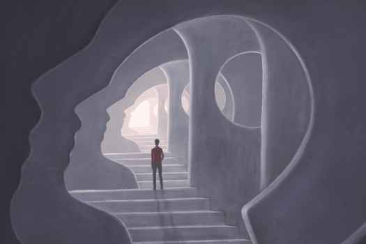 Illustration of a man standing in a cave that is the shape of a face profile