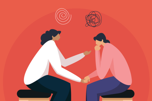 Illustration of two people sitting facing one another in front of a red background