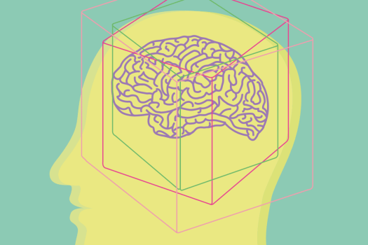 Illustration of a profile with its brain highlighted and surrounded by abstract boxes