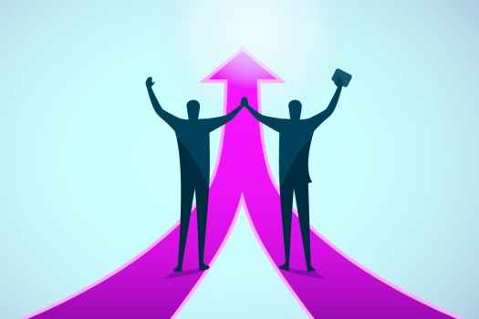 Graphic of two figures cheering and big arrows pointing up
