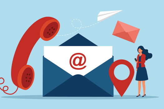 Illustration of an envelope, phone handset, paper airplane, and person