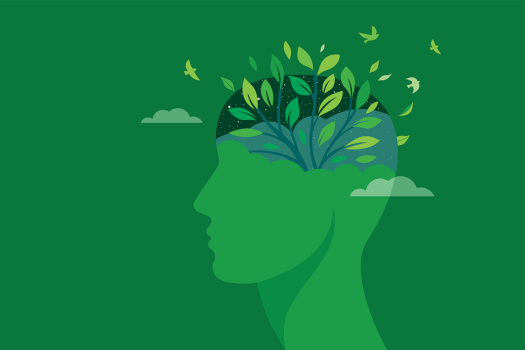 Illustration of head with garden growing in it, green background