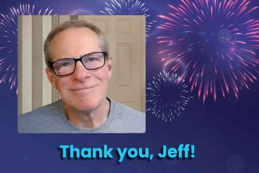 Headshot of man with glasses over image of fireworks and text Thank you, Jeff!