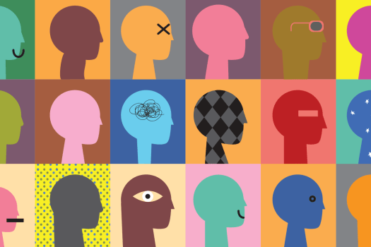 A grid of illustrated colorful human profiles with differences