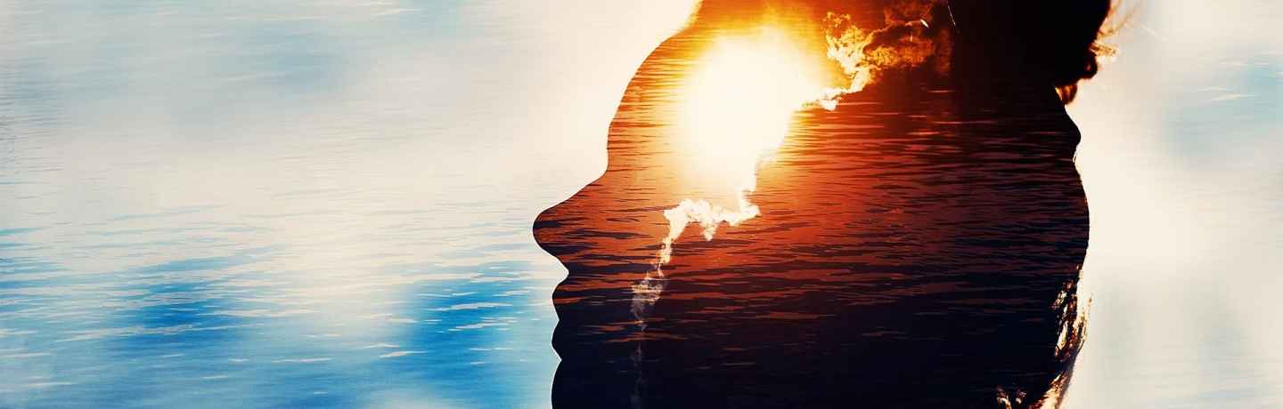 Photo montage of a head with sun and clouds overlaid