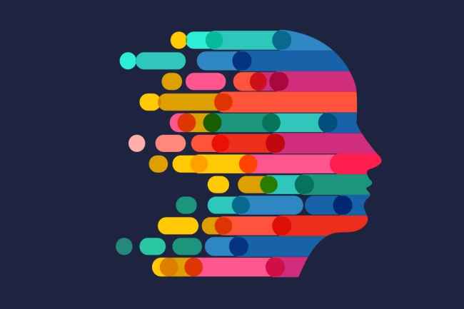 Illustration of a head in profile made up of colored dots and lines