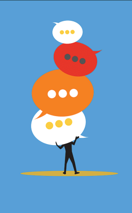 Illustration of figure holding talk bubbles