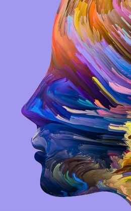 Swirling head on lavender background