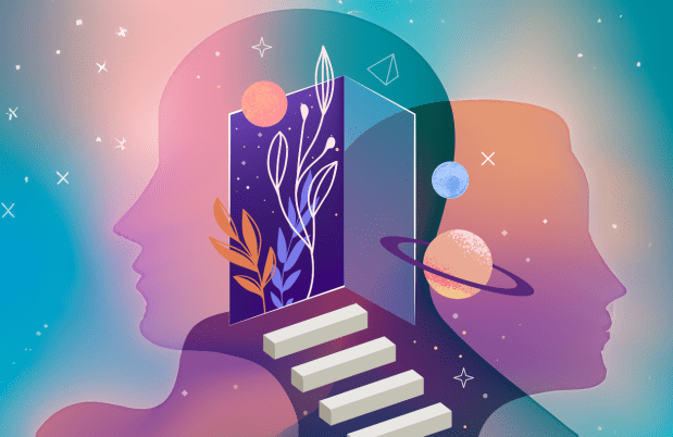 Illustration of heads and stairs to knowledge