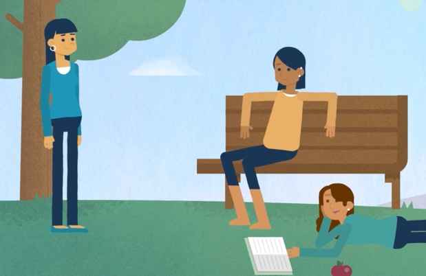 Graphic of young adults sitting on a bench outside