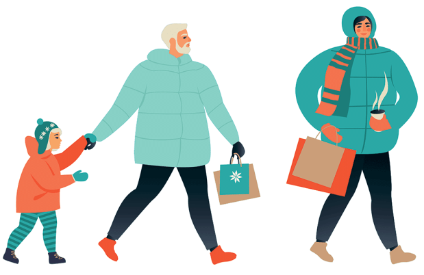 Illustration of family shopping in winter gear