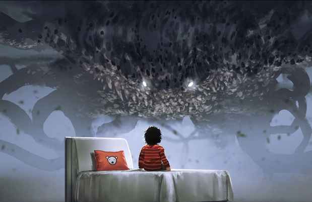 Illustration of child on bed looking up at a nightmare