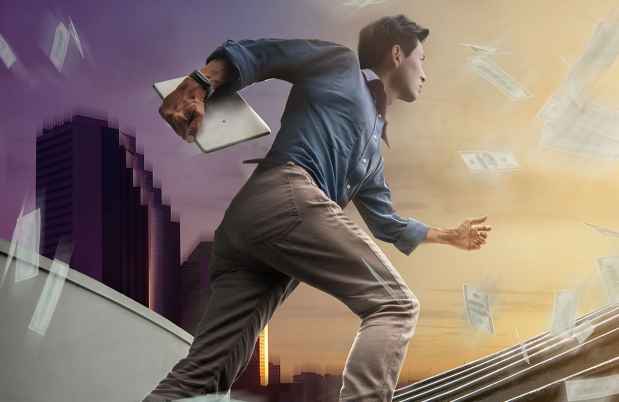 Figure walks up stairs with papers swirling around