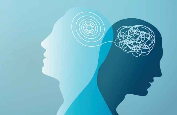 Illustration of 2 heads, one with spiral lines, one with squiggle lines