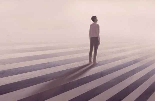 Illustration of figure looking to the distance on a striped field
