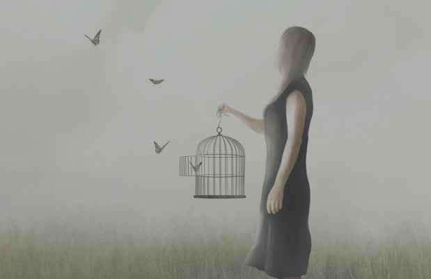 Illustration of woman holding cage, birds flying