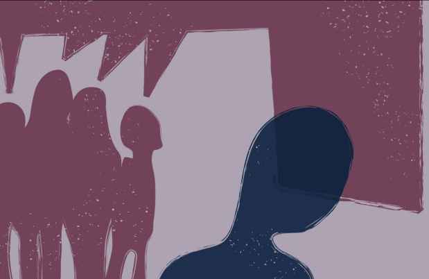 Illustration of figures talking about another figure