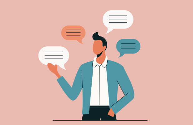 Illustration of a person with speech bubbles surrounding them