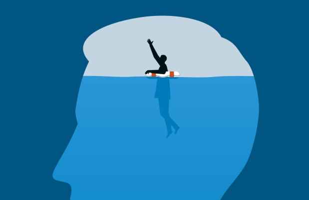 Illustration of a head with a figure floating in a lifebuoy