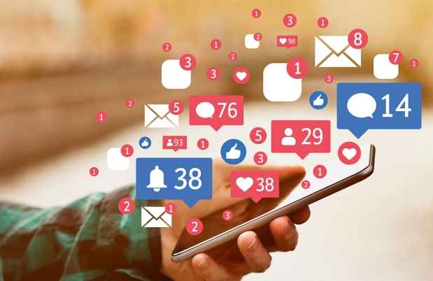 Graphic of phone with multiple notifications coming out of it like, emails, likes, messages