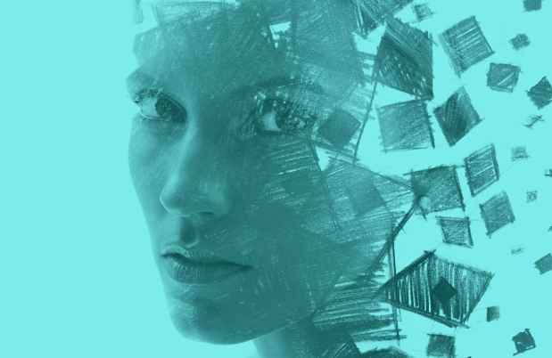 Illustration of a profile composed of scribbled squares on a teal background