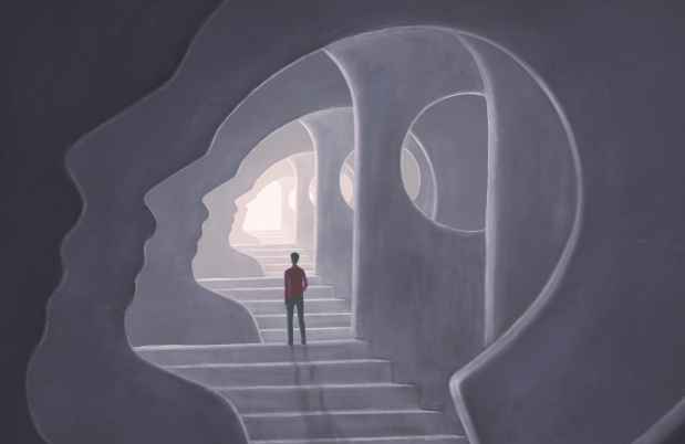 Illustration of a man standing in a cave that is the shape of a face profile