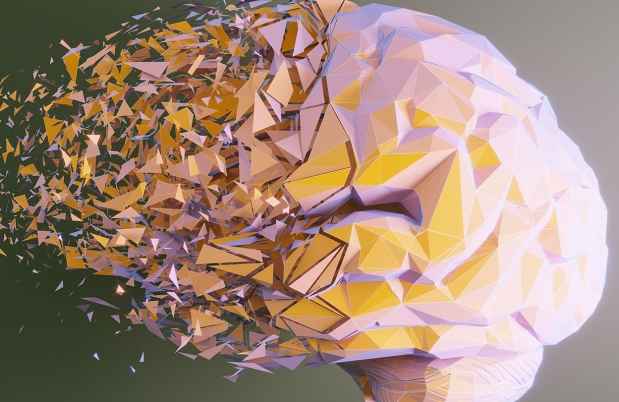 graphic illustration of a brain with yellow and purple shapes