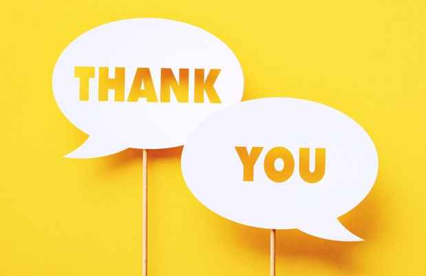 Yellow background, Cut out talk bubbles with text Thank you 