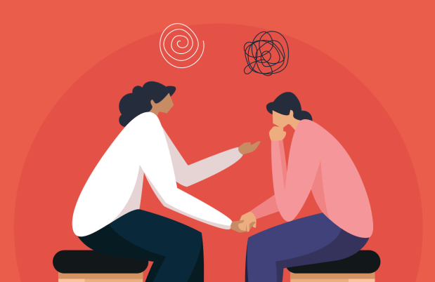 Illustration of two people sitting facing one another in front of a red background