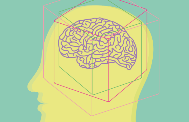 Illustration of a profile with its brain highlighted and surrounded by abstract boxes