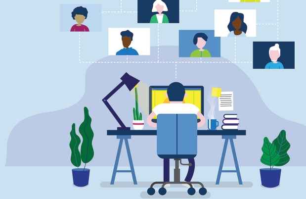 Illustration of figure at desk working on computer