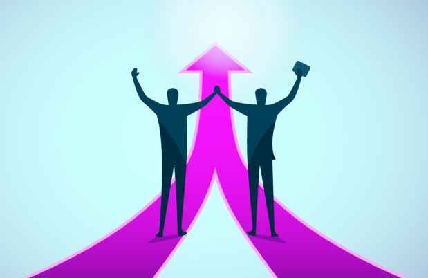 Graphic of two figures cheering and big arrows pointing up