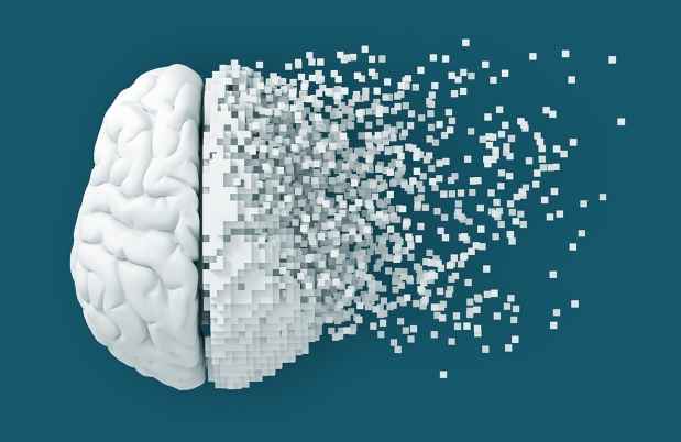 Graphic of white brain splitting apart into small white squares
