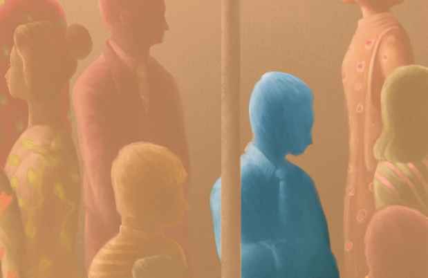 Illustrations of figures with one blue figure standing out