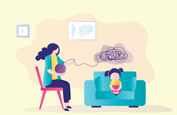 Illustration of small child sitting with clinician