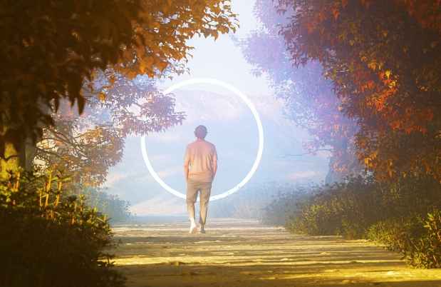 Figure walking toward circle in wooded area