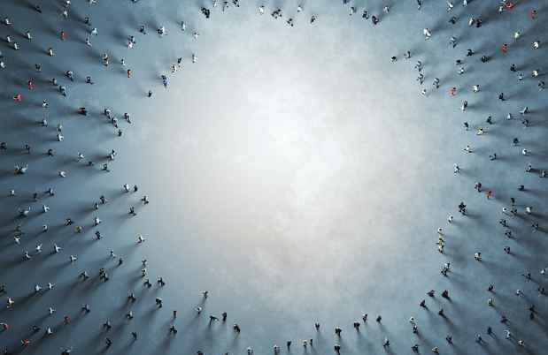 Aerial view of many people gathered in a circle