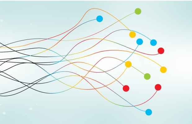 Graphic of squiggly lines with circle on end, variety of colors