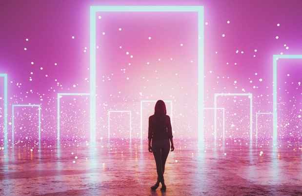 Graphic of figure walking toward doorframes on a bright pink background