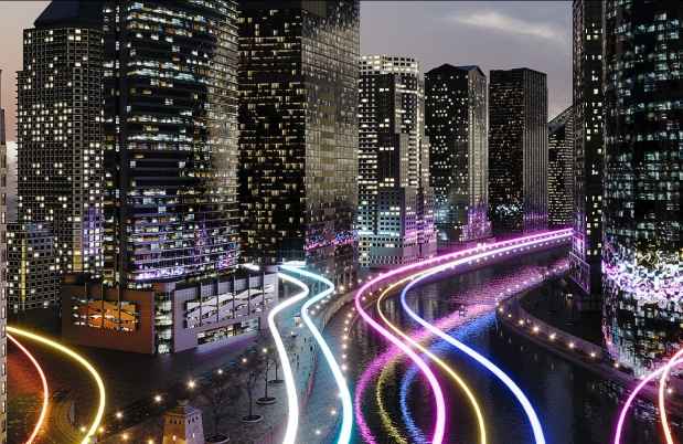 Photograph of a city skyline with colorful lines added throughout
