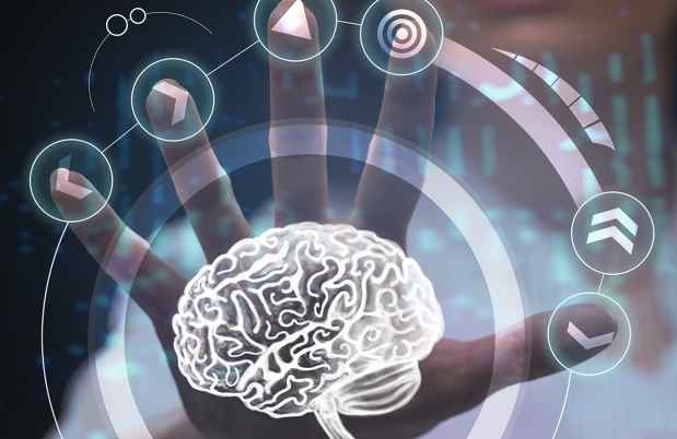 Graphic of a hand with brain and technology icons