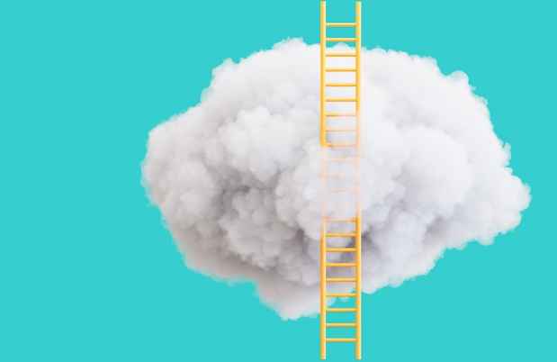 Cloud with a yellow ladder, teal background