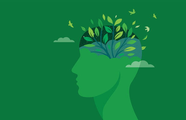 Illustration of head with garden growing in it, green background
