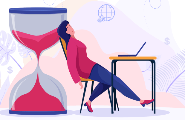 Illustration of a person leaning backwards on a large hourglass. There is a laptop open on the table in front of her